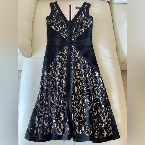 TADASHI Shoji- Black/Nude Lace Jersey Fit & Flare Dress- 2 - Picture 1 of 8